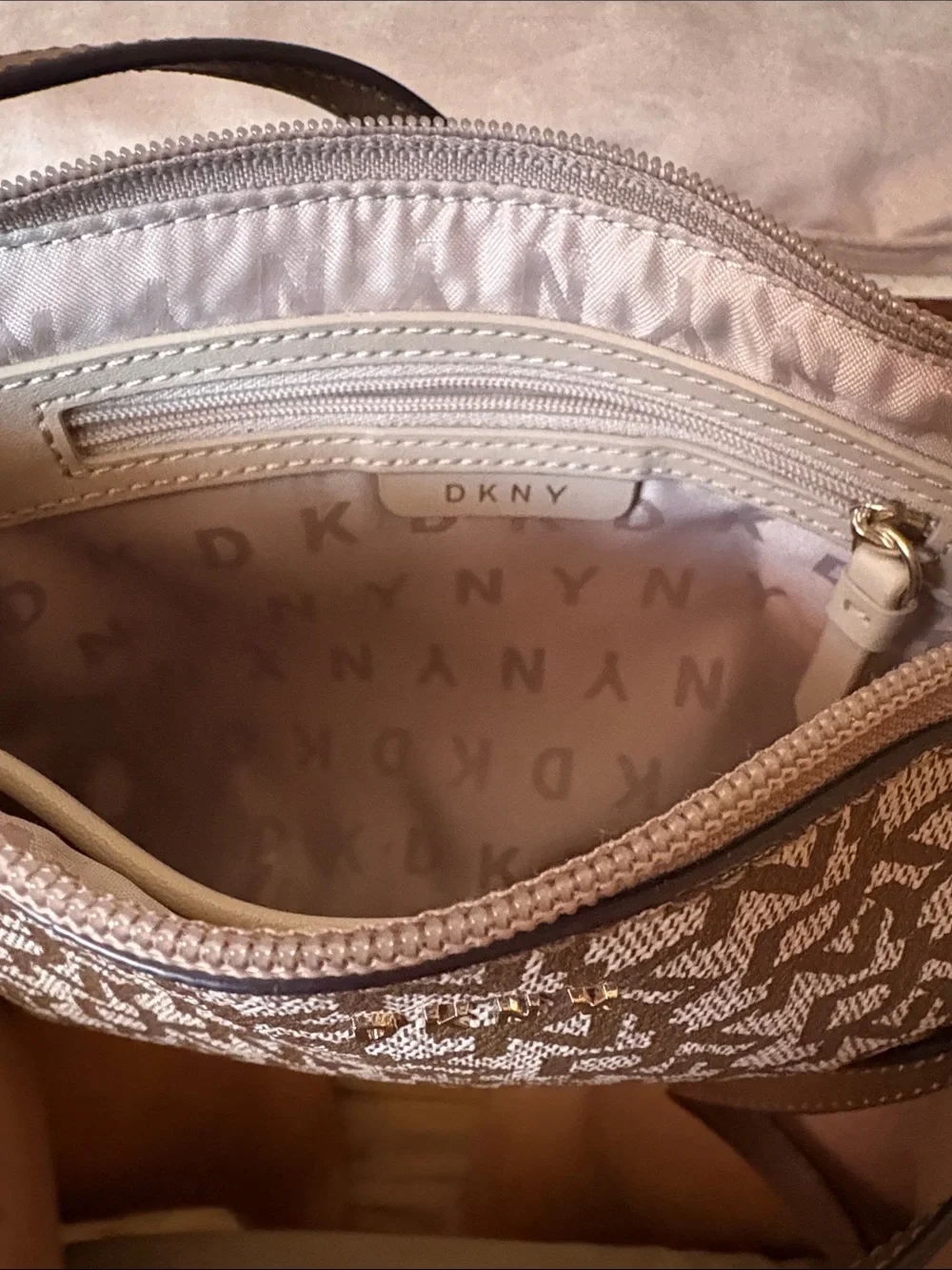 Designer-Inspired Taupe Logo Crossbody Bag/ DKNY